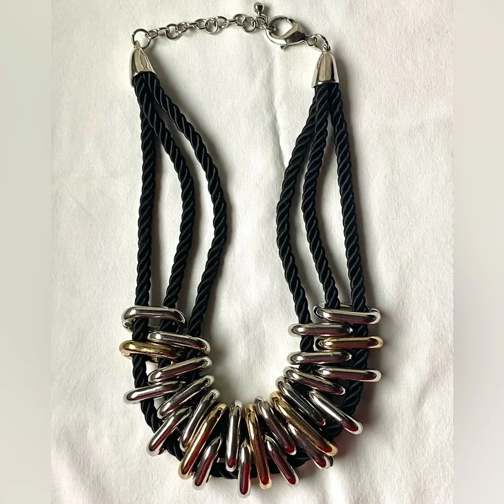Statement Chunky Multi-Rope Strand Choker Necklace Silver and Gold Metal Rings